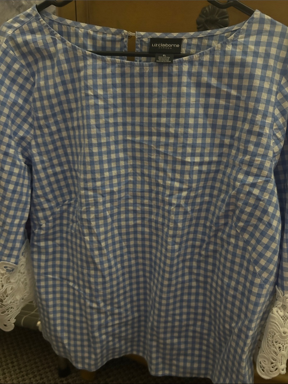 Liz Claiborne Blue and White Gingham Top with Lace Cuffs